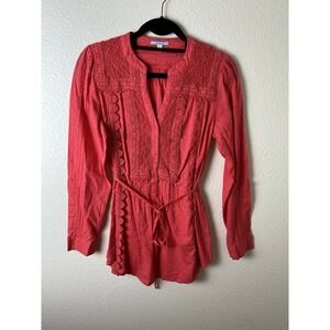 Anthropologie Leifnotes 0 Pink Lace peasant Top Rolled tab sleeves BOHO Blouse